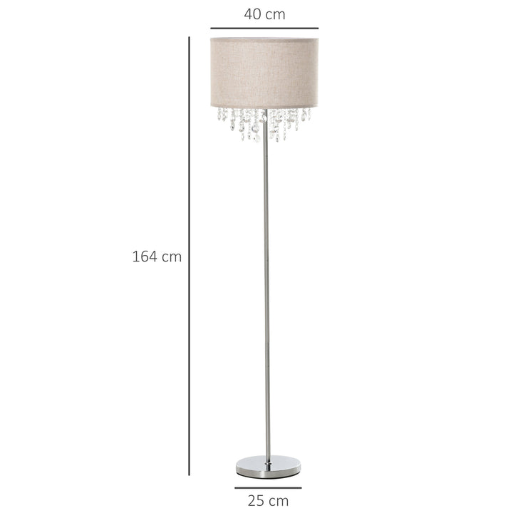 HOMCOM Modern Steel Floor Lamp with Crystal Pendant Fabric Lampshade Floor Switch, Home Style Standing Light, Silver and Cream White