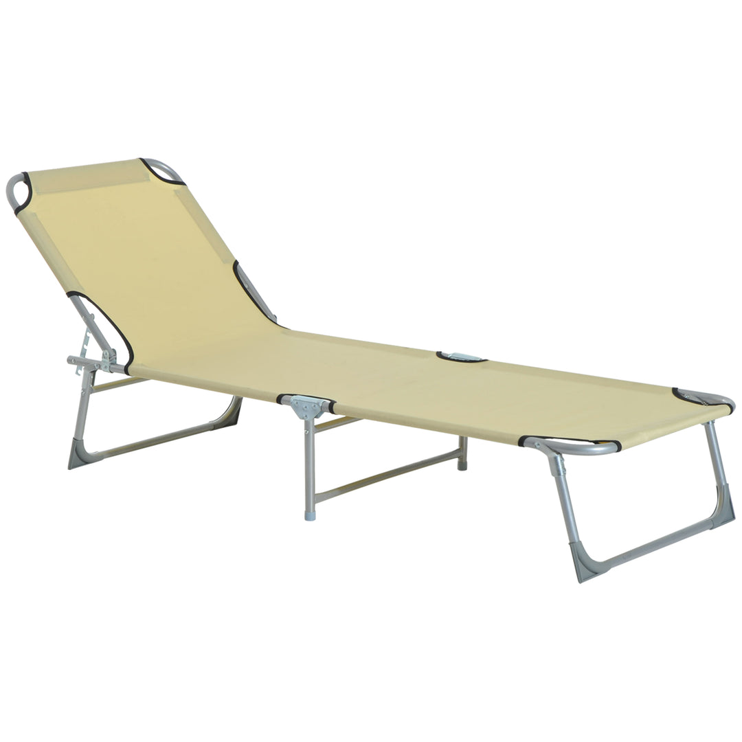 Reclining Sun Lounger Chair Folding Camping Bed with 4-Position Adjustable Backrest, for Travel Indoor Outdoor Office Fishing, Beige