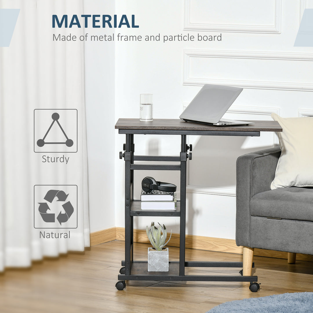 C-Shaped Side Table Industrial Mobile Rolling End Desk with 3-Tier Storage Shelving, Adjustable Height, Wheels
