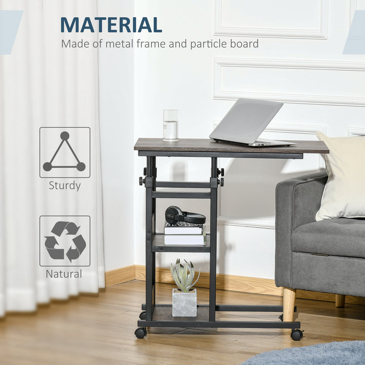 C-Shaped Side Table Industrial Mobile Rolling End Desk with 3-Tier Storage Shelving, Adjustable Height, Wheels