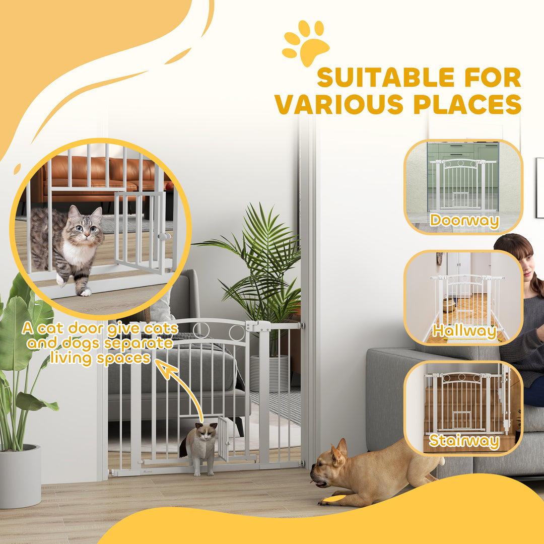 77cm Tall Dog Gate with Cat Door, 7cm and 14cm Extensions, for Stairs, Doorways, 76-104cm Width