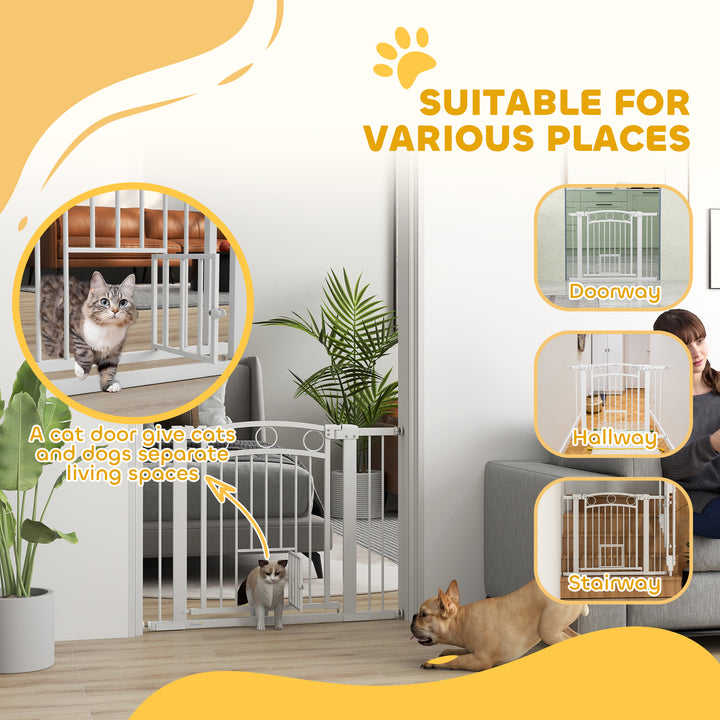 77cm Tall Dog Gate with Cat Door, 7cm and 14cm Extensions, for Stairs, Doorways, 76-104cm Width