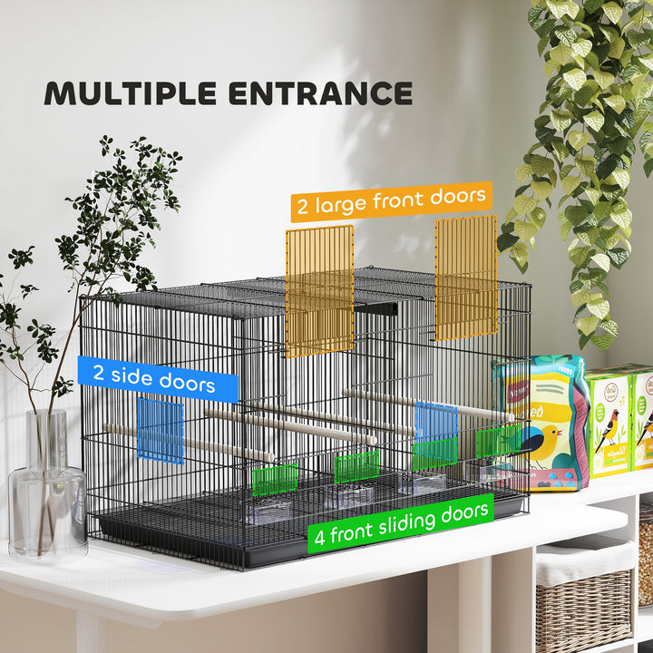 Bird Cage with Divider, 4 Wooden Perches, Slide Out Tray, 4 Feeders, for Budgie, Lovebird, Canary, 76 x 46 x 46cm, Black