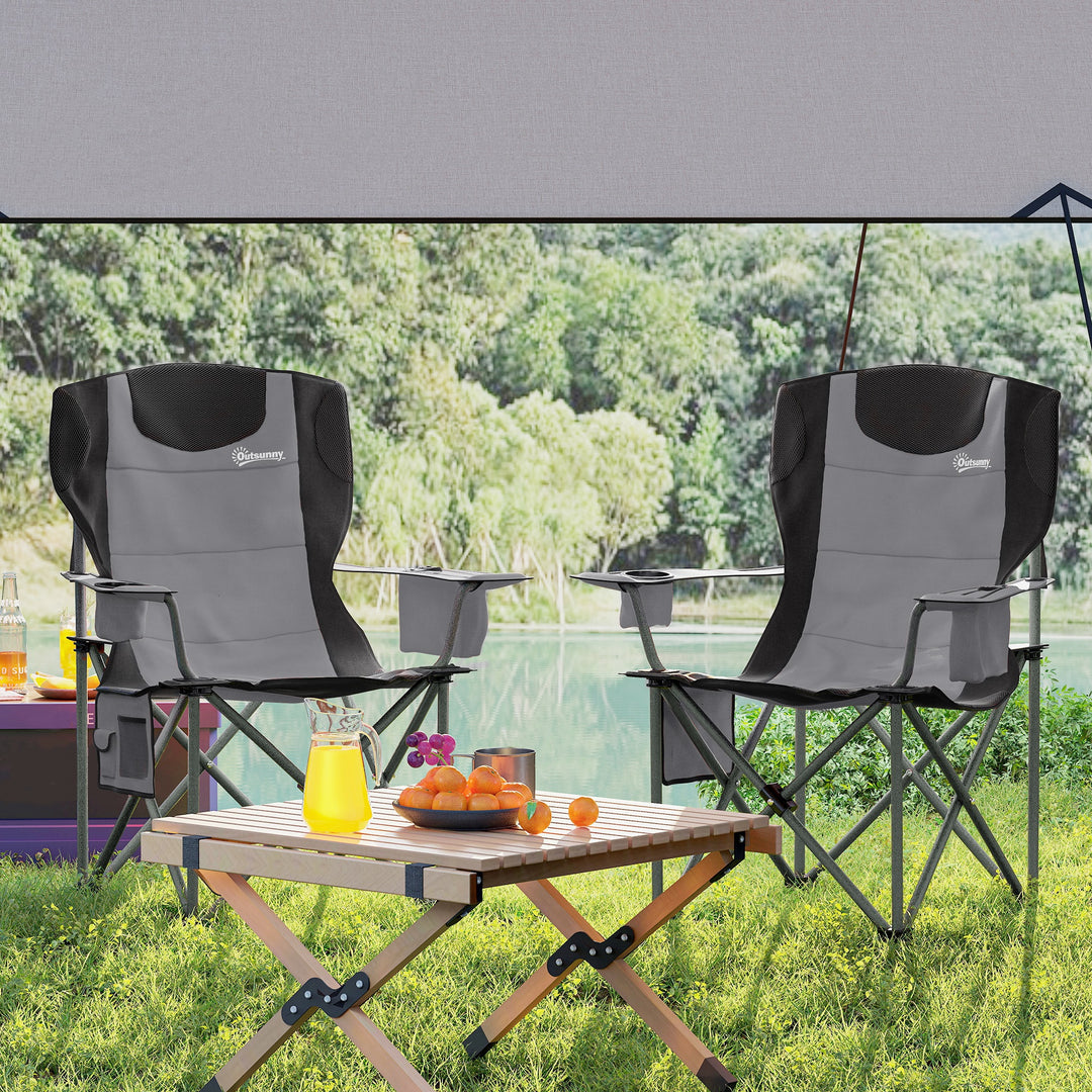 Set of 2 Folding Camping Chairs, Padded Camping Chairs with Adjustable Armrests, Portable & Lightweight Folding Camp Chair with Cooler Bag, Cup Holder and Side Pockets, Grey