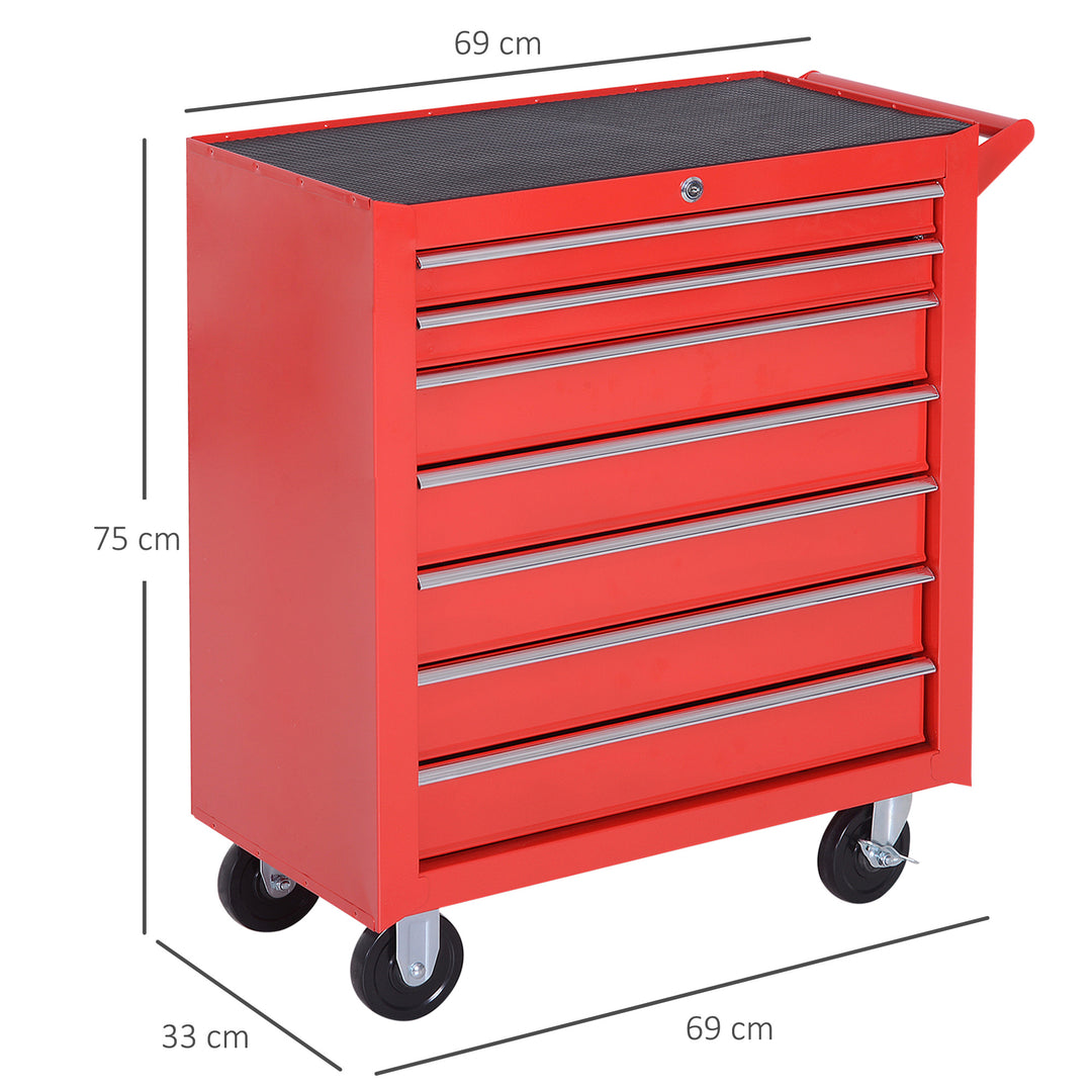 7-Drawer Rolling Tool Chest on Wheels, Lockable Tool Cabinet with Side Handle, Metal Tool Box Trolley for Garage, Workshop, Red
