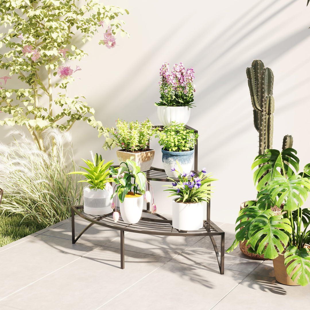 Outsunny Three-Tier Corner Metal Plants Shelves - Black