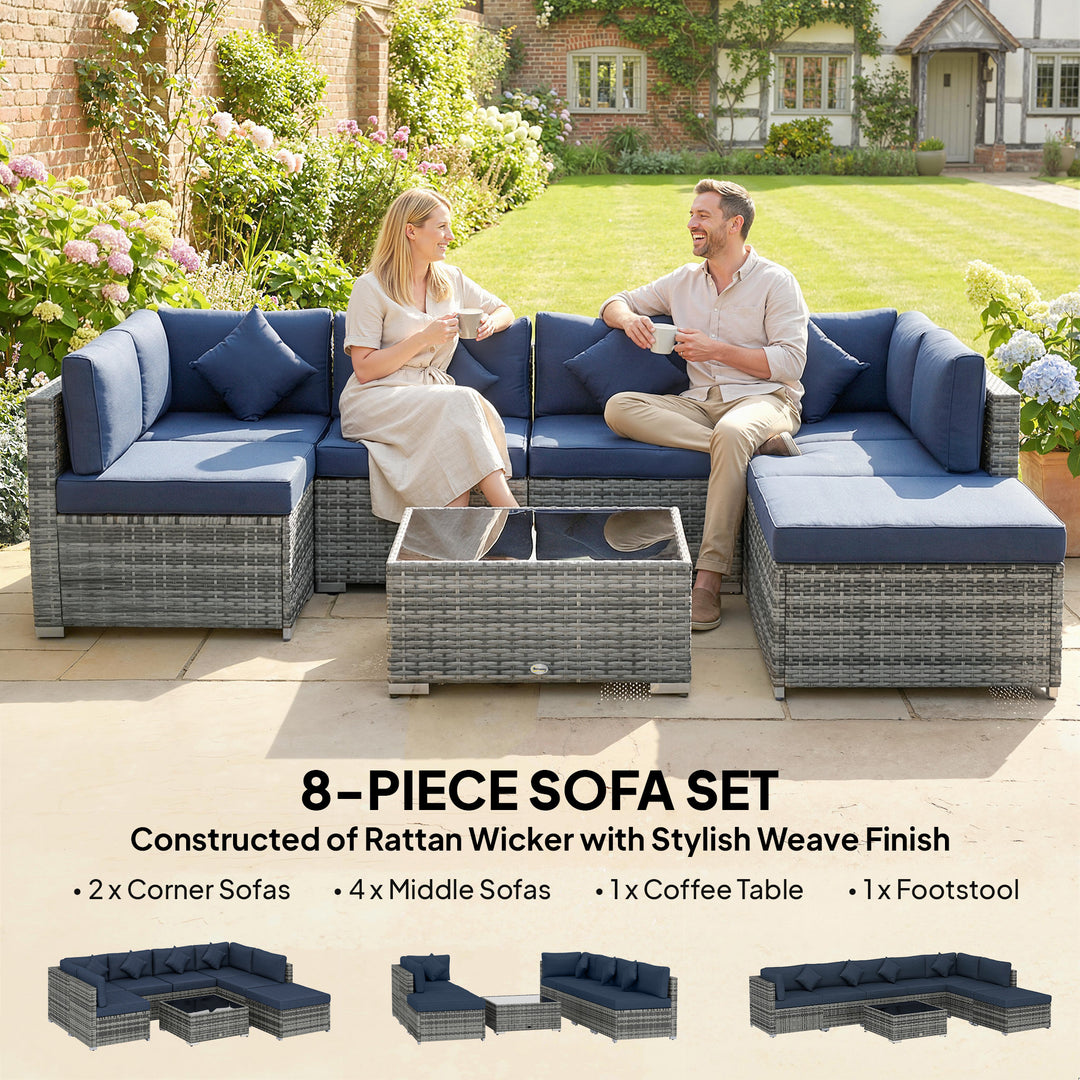 8 Pieces PE Rattan Corner Sofa Set, Outdoor Garden Furniture Set, Pati