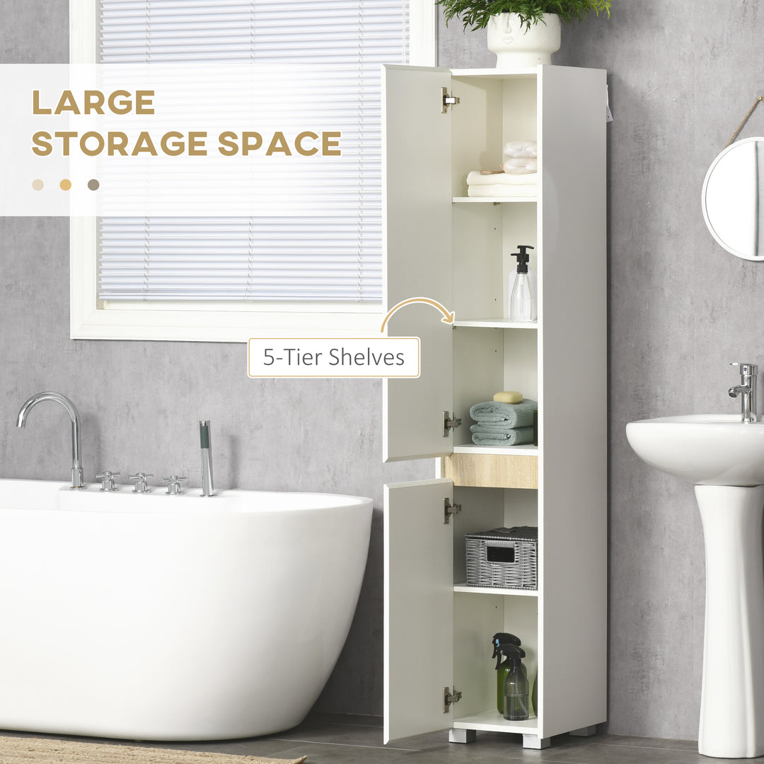 Tall Bathroom Cabinet with Adjustable Shelves, 5-Tier Modern Freestanding Tallboy with Storage Cabinets, White