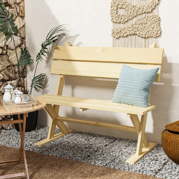 2 Seater Wooden Garden Bench, Fir Wood Outdoor Bench, Garden Loveseat with Slatted Seat, Sloping Back and Wide Feet for Patio, Park, Natural Wood Finish