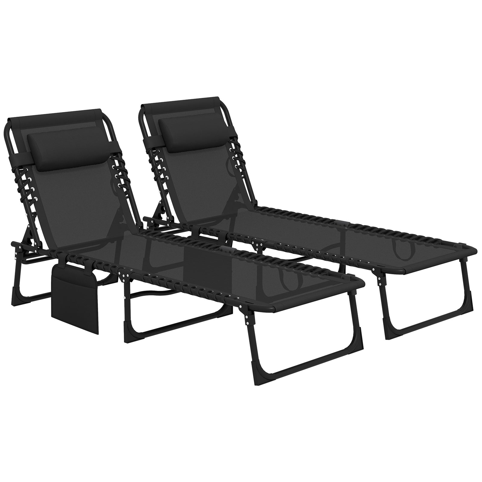 Portable Sun Lounger Set of 2, Folding Camping Bed Cot, Reclining Lounge Chair 5-position Adjustable Backrest with Side Pocket, Pillow for Patio Garden Beach Pool, Black