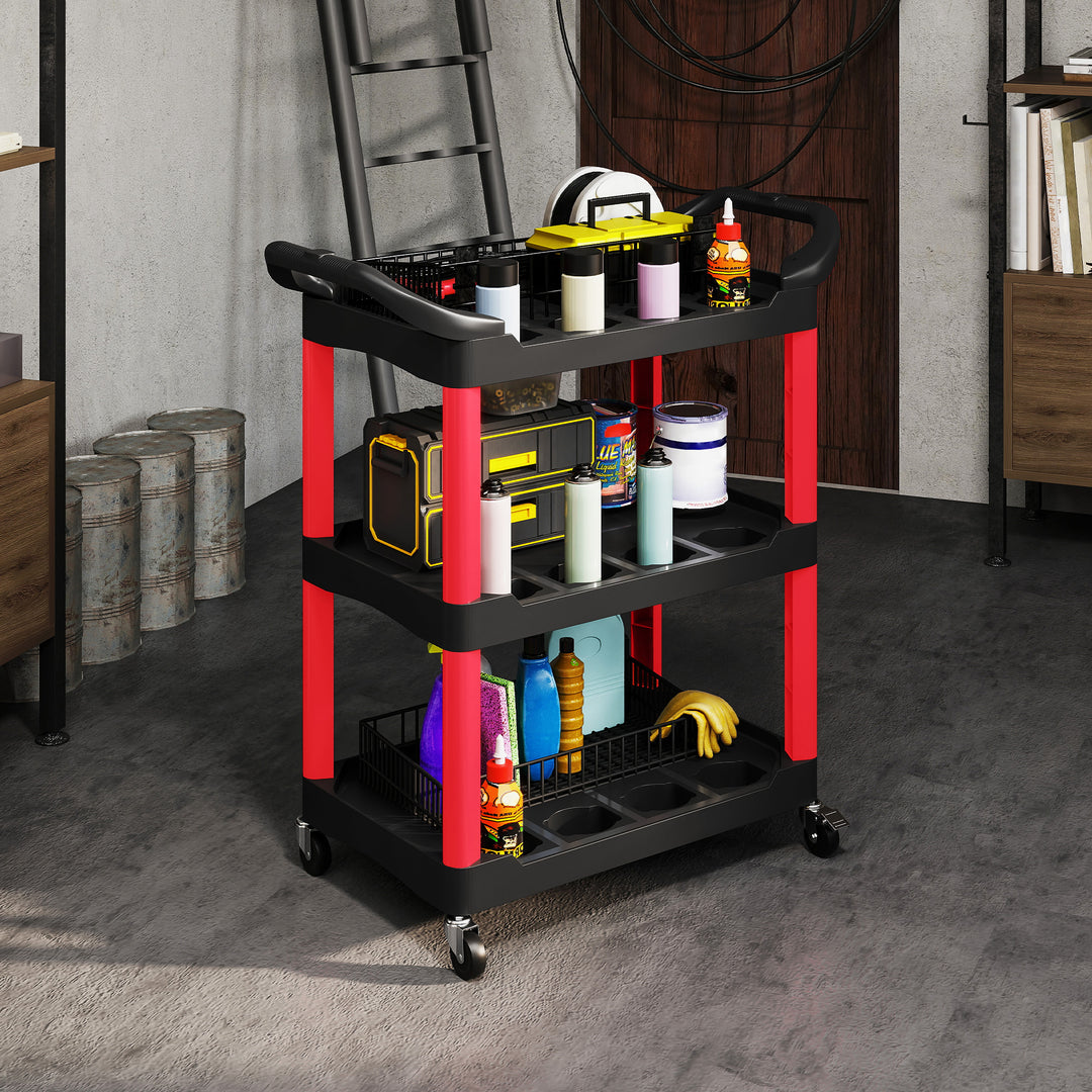 3-Tier Rolling Tool Cart, Tool Trolley on Wheels, Plastic Mobile Service Utility Cart with Handles for Garage, Mechanics and Warehouse, 91kg Capacity, Black and Red