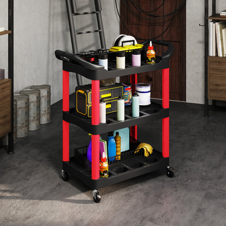 3-Tier Rolling Tool Cart, Tool Trolley on Wheels, Plastic Mobile Service Utility Cart with Handles for Garage, Mechanics and Warehouse, 91kg Capacity, Black and Red