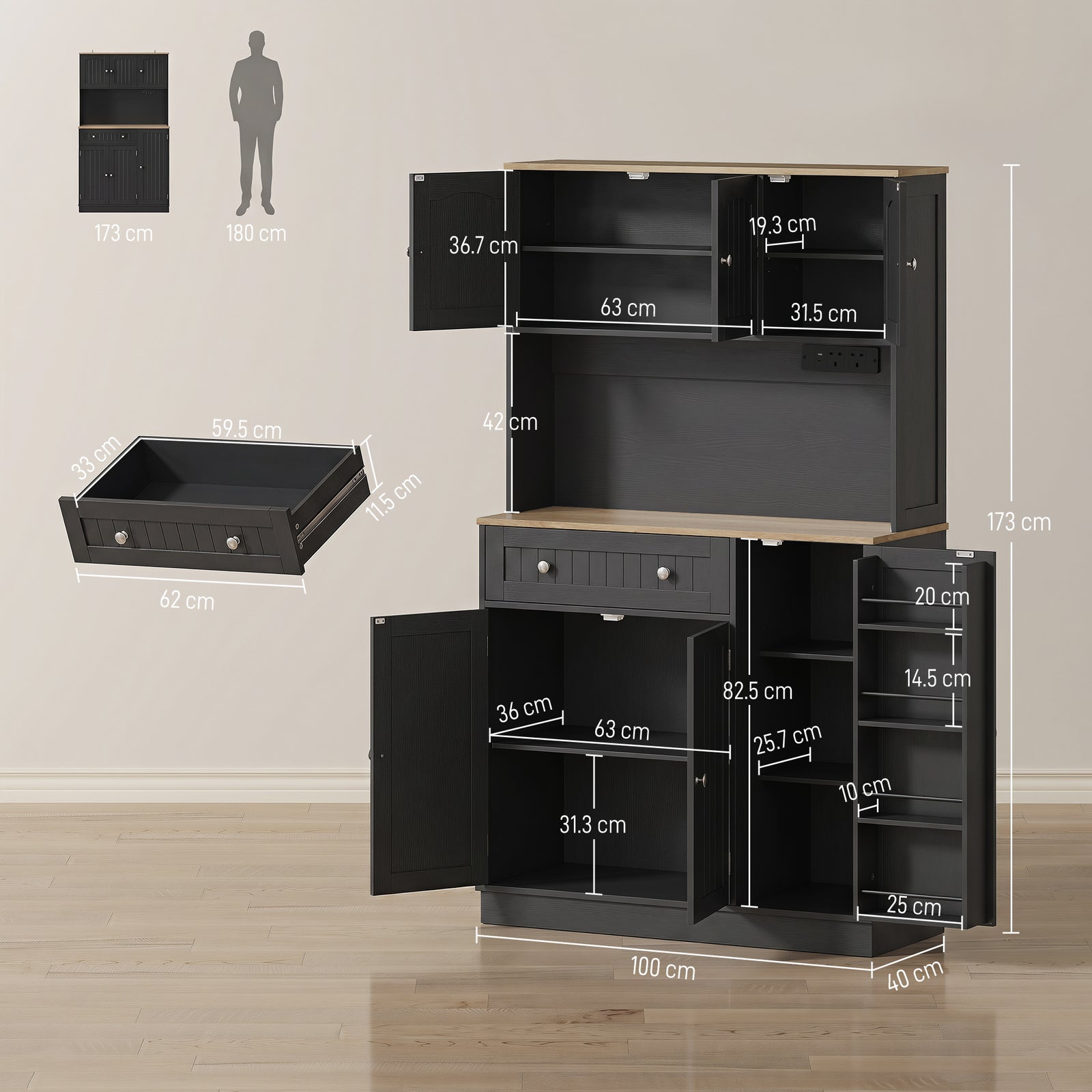 173 cm Tall Kitchen Cupboard with Charging Station, Pantry Storage Cab