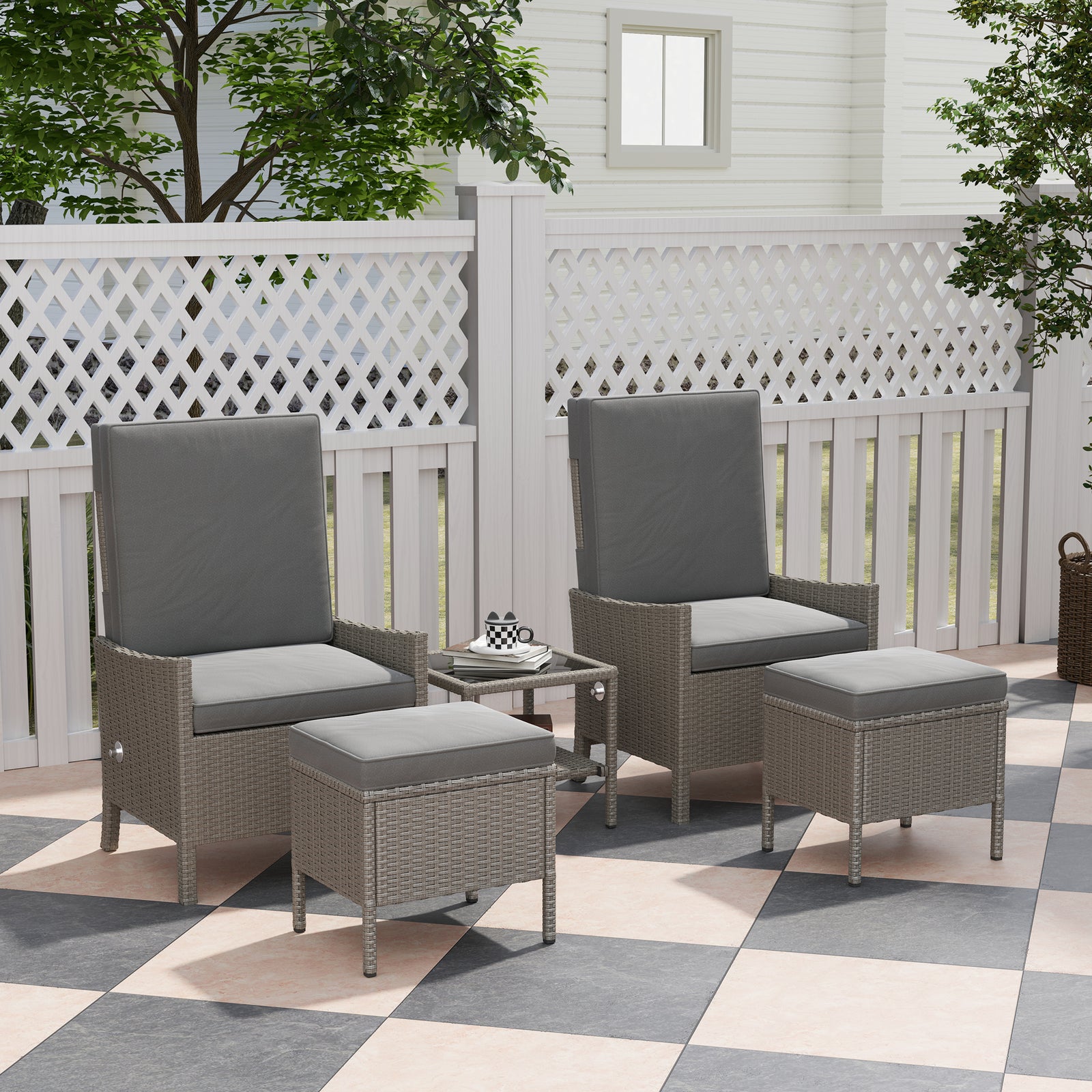 5 Piece Rattan Garden Furniture Set, Wicker Patio Sofa Set with 2 Armchairs, 2 Footstools, Glass Top Coffee Table with Shelf, Outdoor Furniture with Adjustable Backrests, Cushions, Dark Grey