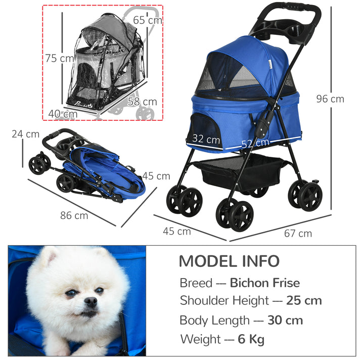 Dog Stroller with Rain Cover, Dog Pushchair One-Click Fold Trolley Jogger with EVA Wheels Brake Basket Adjustable Canopy Safety Leash for Small Dogs, Blue