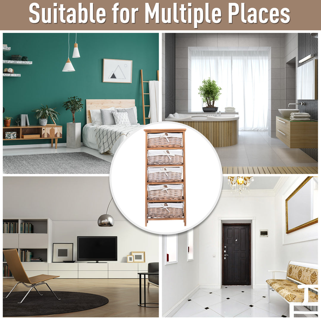 MCL 5 Drawer Dresser Wicker Basket Storage Shelf Unit Wooden Frame Home Organisation Cabinet Bedroom Office Furniture Natural Finish