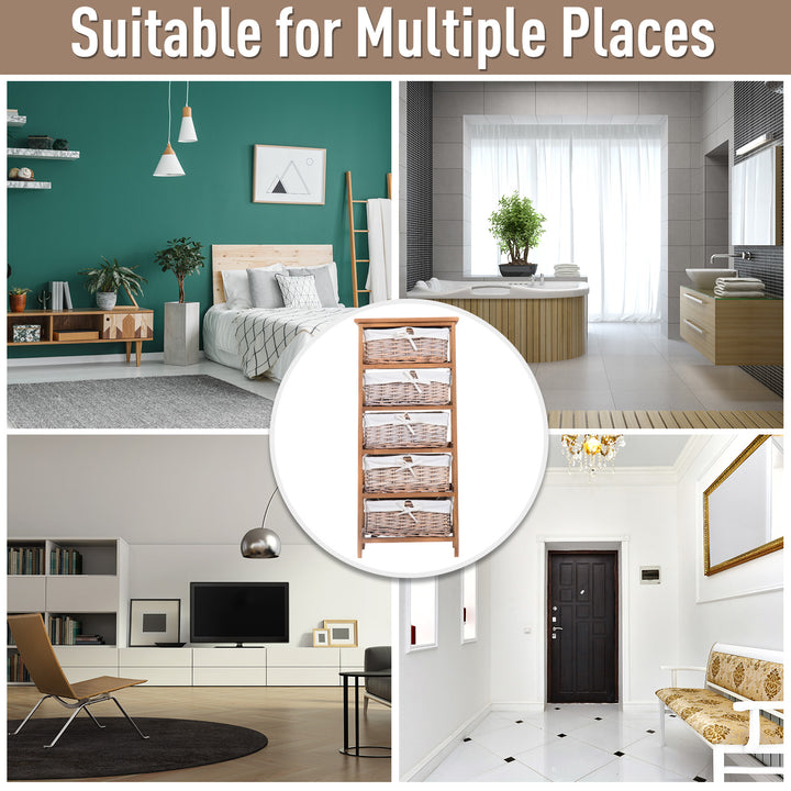 MCL 5 Drawer Dresser Wicker Basket Storage Shelf Unit Wooden Frame Home Organisation Cabinet Bedroom Office Furniture Natural Finish