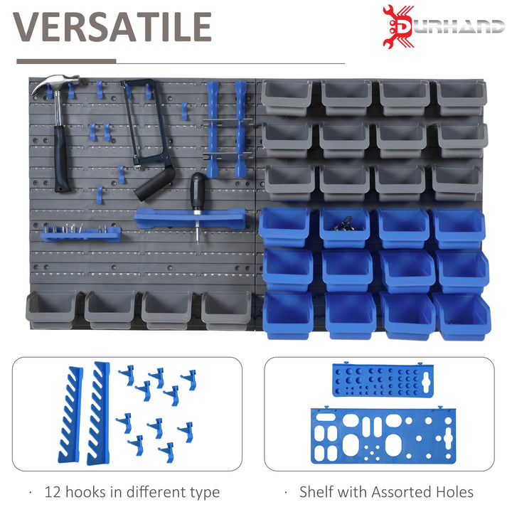44 Piece Wall Mounted Tool Rack Organiser Storage Bins and Panel Set with Shelf Hook Screws Accessories Blue