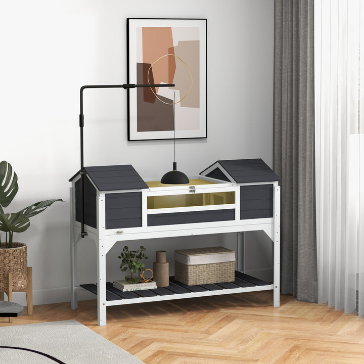 Wooden Tortoise Enclosure w/ Adjustable Lamp Holder, Openable Lid, Dual Main Houses, Storage Shelf, Fixed Tray - Grey