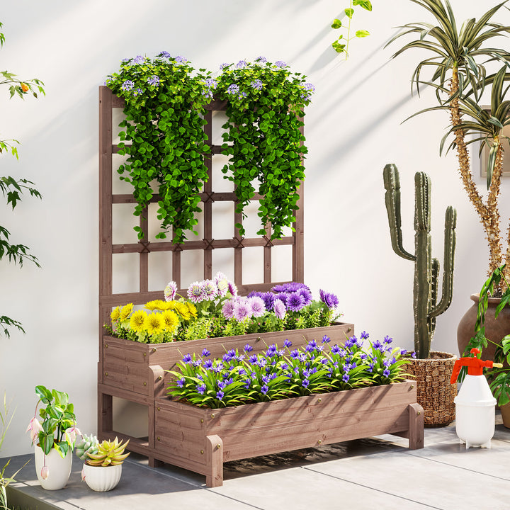 2-Tier Raised Garden Bed with Trellis, Wooden Elevated Planter Box with Drainage Holes, Outdoor Raised Planter for Climbing Plants, Fruits, Vegetables, Flowers, Brown