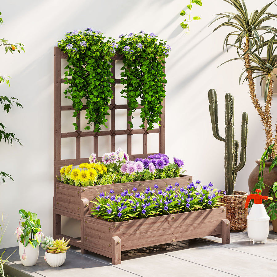 2-Tier Raised Garden Bed with Trellis, Wooden Elevated Planter Box with Drainage Holes, Outdoor Raised Planter for Climbing Plants, Fruits, Vegetables, Flowers, Brown