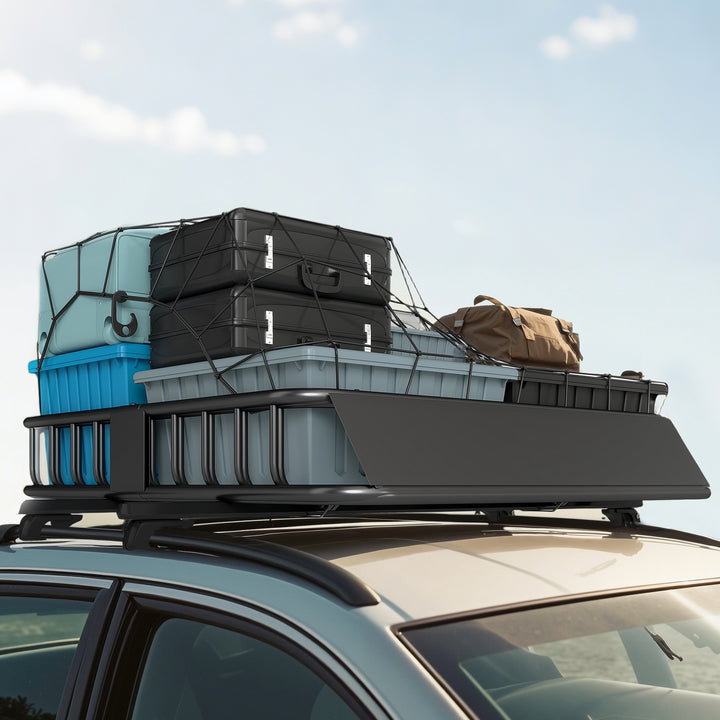Universal Roof Rack Basket Tray, 90.7 kg Steel Car Rooftop Luggage Cargo Carrier Holder with Wind Fairing, Side Rails for SUVs, Pickups, Sedans, Off-Road Vehicles, 110.5 x 99.5 x 18.5 cm, Black