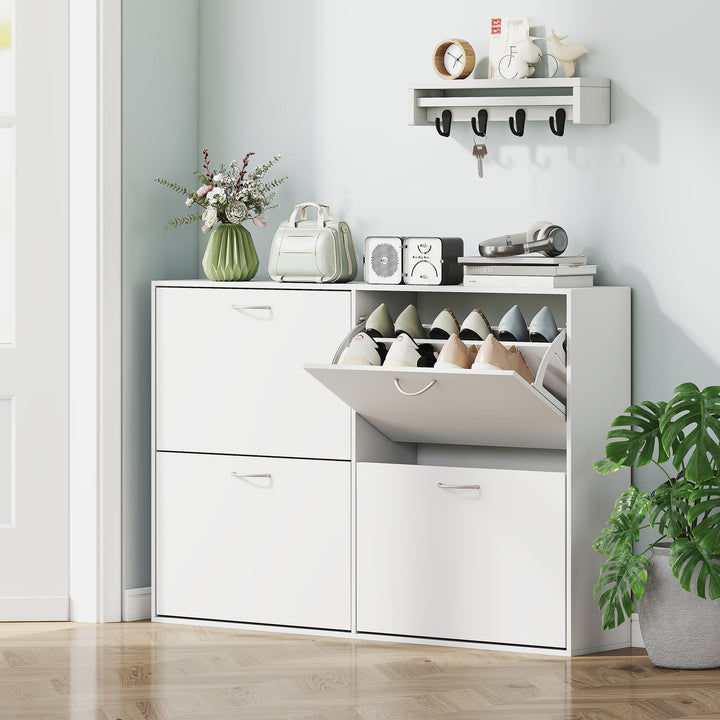 MCL Wooden Modern Design 4 Drawer Shoes Cabinet Pull Down Shelf Storage Organiser - White