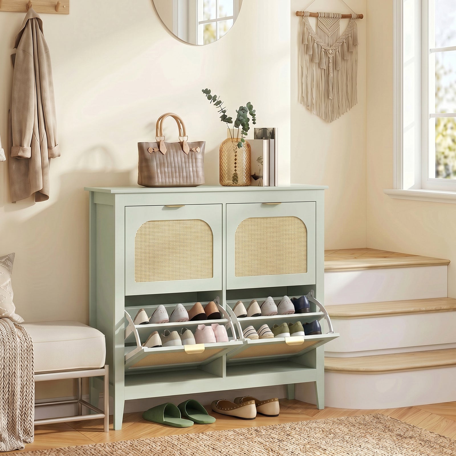 Narrow Shoe Cabinet, Boho Slim Shoe Storage Cabinet with 4 Flip Drawer