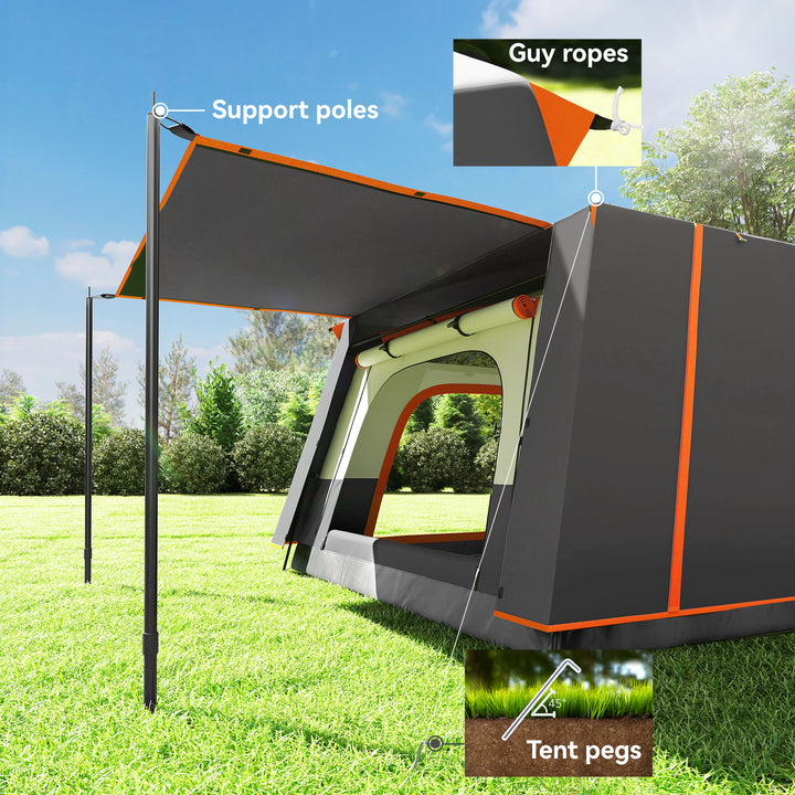 4-6 Man Camping Tent, Double Layer Tunnel Tent with Porch, Living Area and 2 Bedrooms, Sewn in Groundsheet, 3000mm Waterproof and UPF 30+, Portable with Bag, Grey