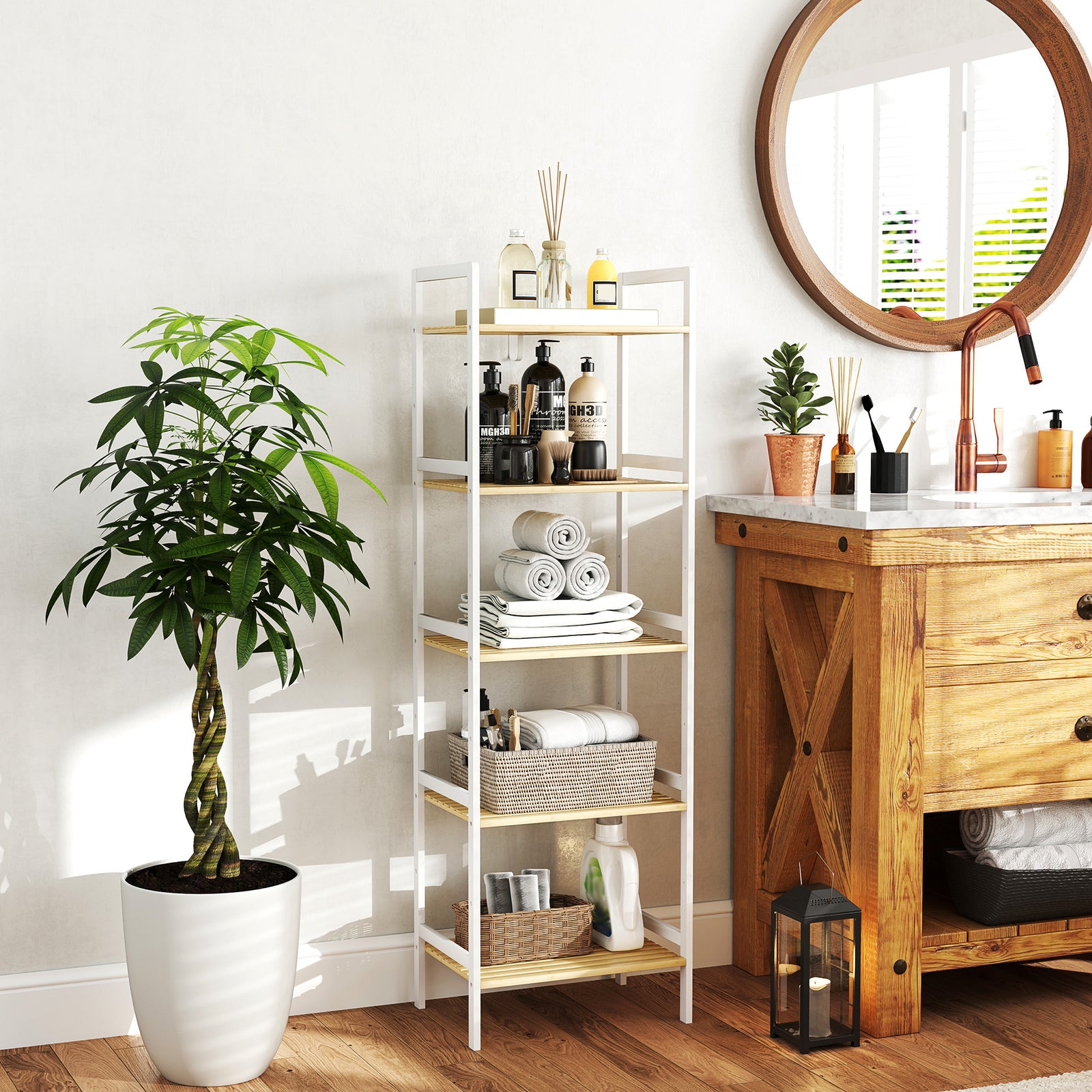 Five-Tier Bamboo Adjustable Shelf Storage Unit
