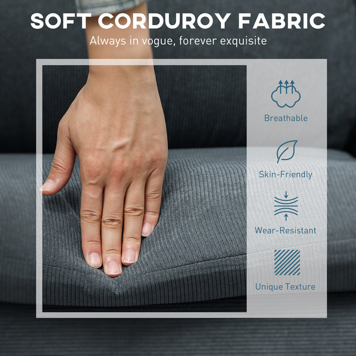 3 Seater Sofa with Ottoman, 196cm Corduroy L-shaped Sofa Couch with Scatter Back, Reversible Chaise Lounge for Living Room, Home Office, Small Spaces, Charcoal Grey