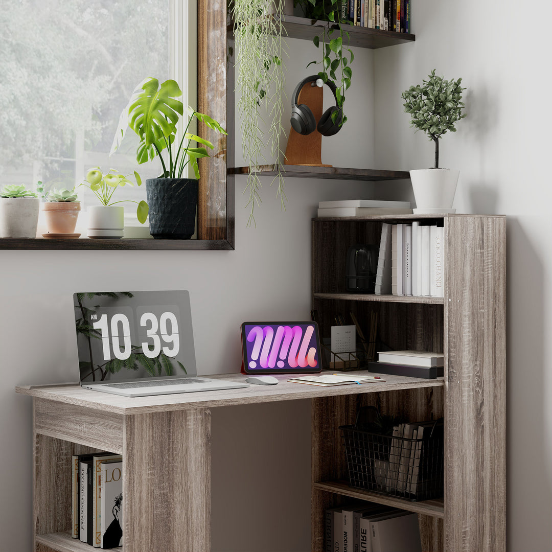 120cm Computer Desk, Wooden PC Laptop Table with 6-Tier Storage Bookshelves, Home Office Working Study Desk, Writing Workstation, Grey