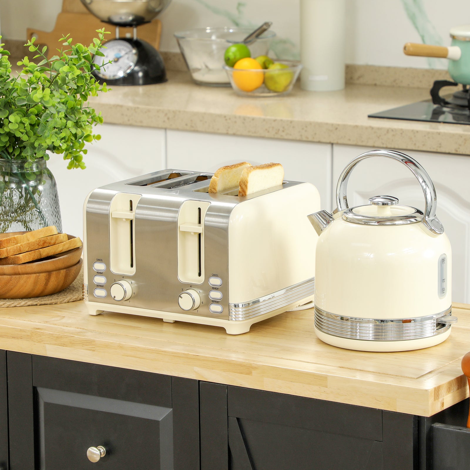 Polished Metal Kettle and Toaster Set - Cream