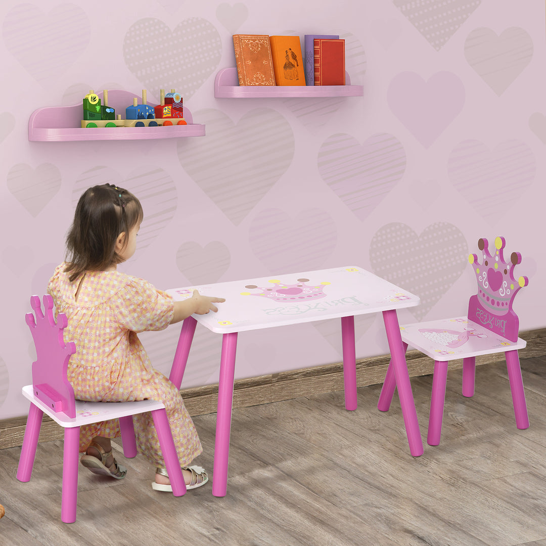 HOMCOM Kids' Wooden Table and Chair Set with Crown Pattern, Easy-Clean Surface, Ideal Gift for Girls Toddlers Aged 3 to 8, Pink | Aosom UK