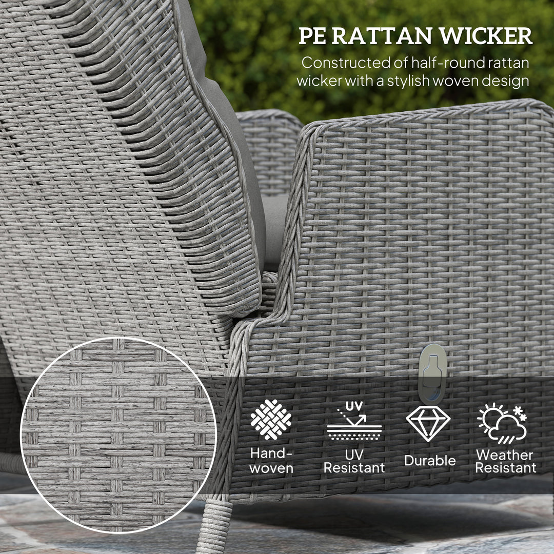 5 Pieces Rattan Bistro Set with Adjustable Back, Reclining Wicker Balcony Furniture with Cushions, Glass Top Coffee Table and Footstools, Outdoor Table and Chairs, Light Grey