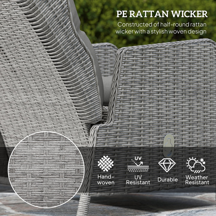 5 Pieces Rattan Bistro Set with Adjustable Back, Reclining Wicker Balcony Furniture with Cushions, Glass Top Coffee Table and Footstools, Outdoor Table and Chairs, Light Grey