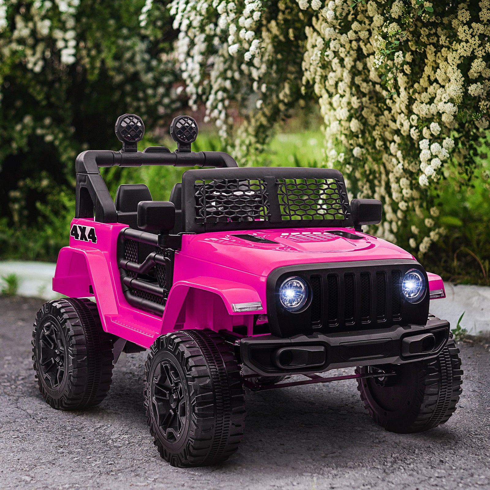 Kids Electric Ride On Car 12V Off Road Toy with Parental Remote Control 2 Motors Horn Lights Suspension Wheels for 3-6 Years Old Pink