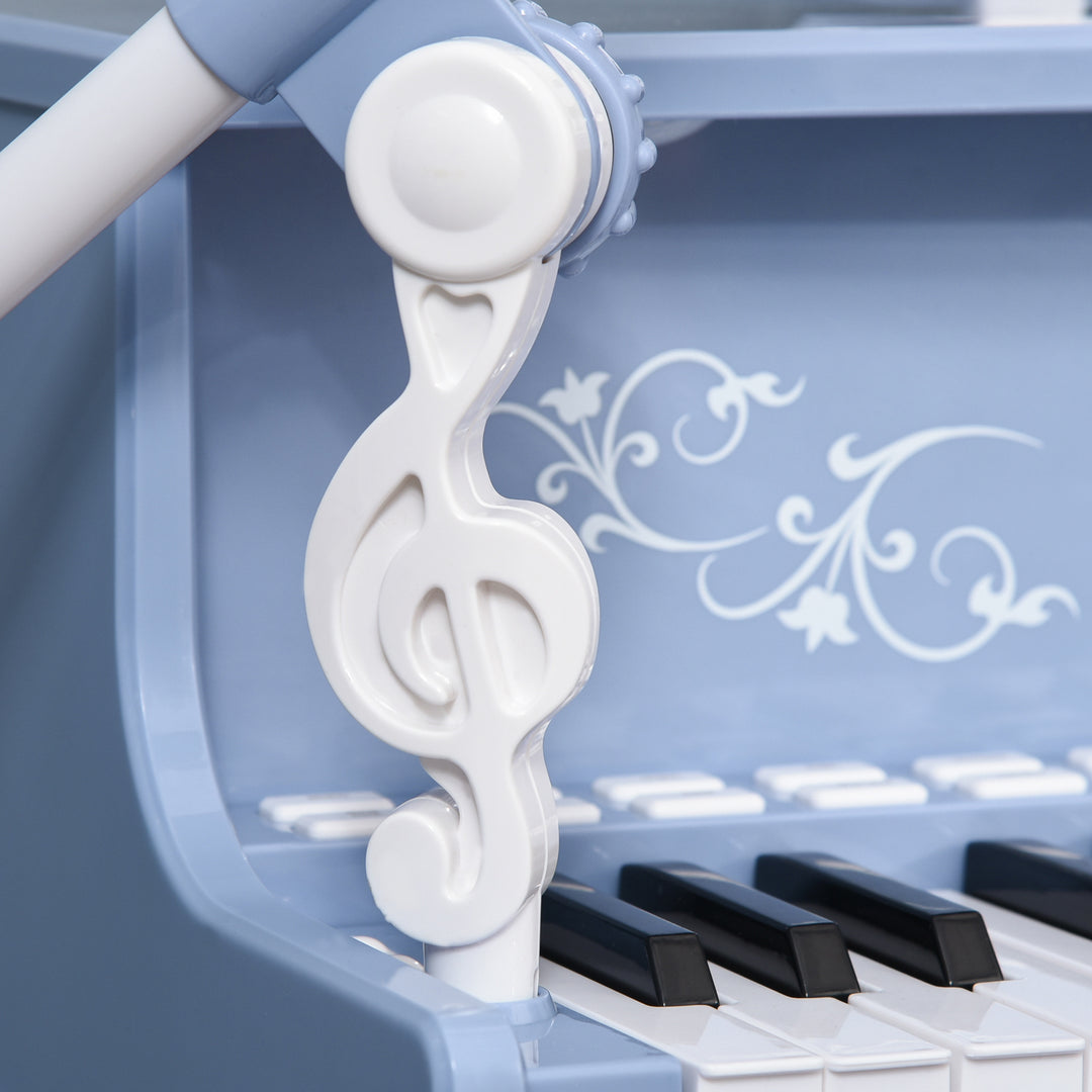 37 Keys Kids Piano Mini Electronic Keyboard Light Kids Musical Instrument Educational Game Children Grand Piano Toy Set w/Stool & Microphone & Music Stand (Blue)