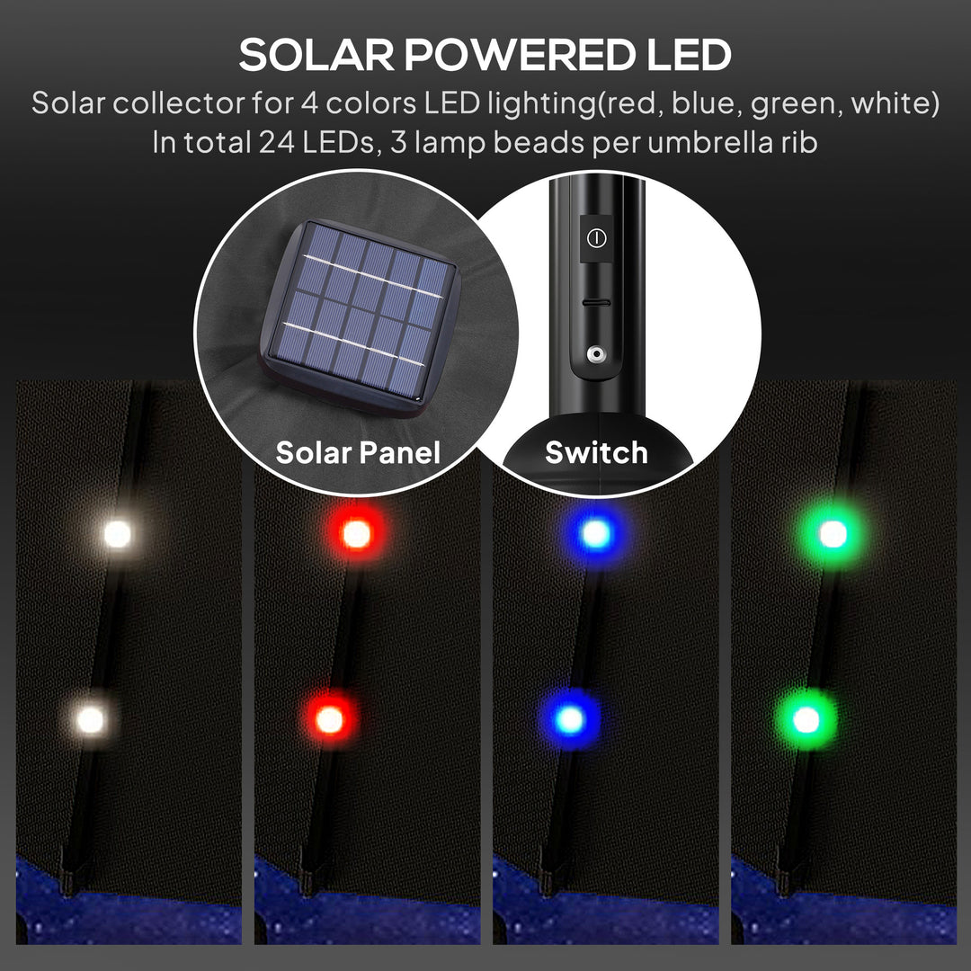 Φ2.7m Garden Parasol Solar Outdoor Tilt Sun Umbrella Patio Sun Shade w/ 24 LED Light, Hand Crank and 8 Ribs, Black