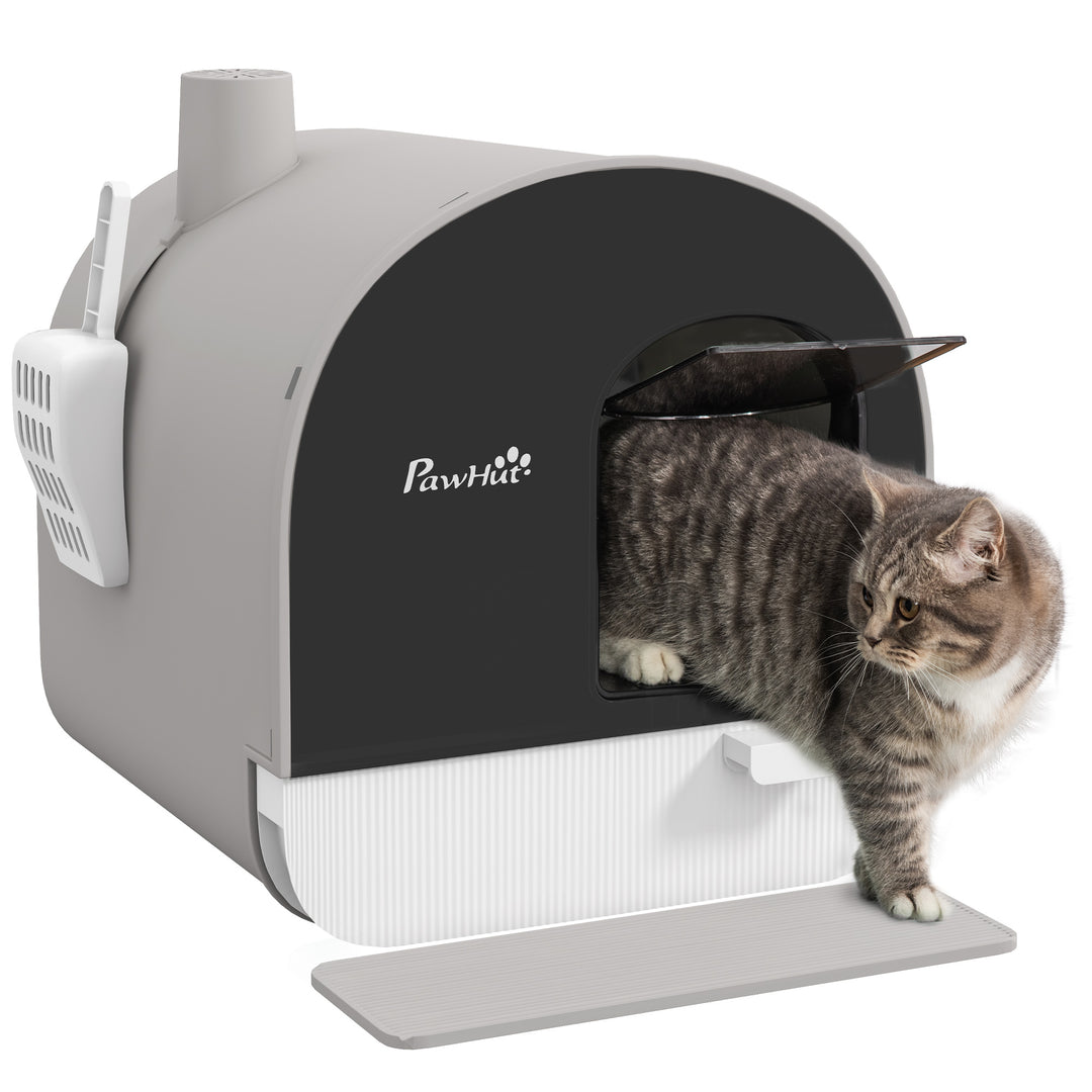 Hooded Cat Litter Box, Kitten Litter Tray, with Lid, Scoop, Filter, Flap Door, Light Grey
