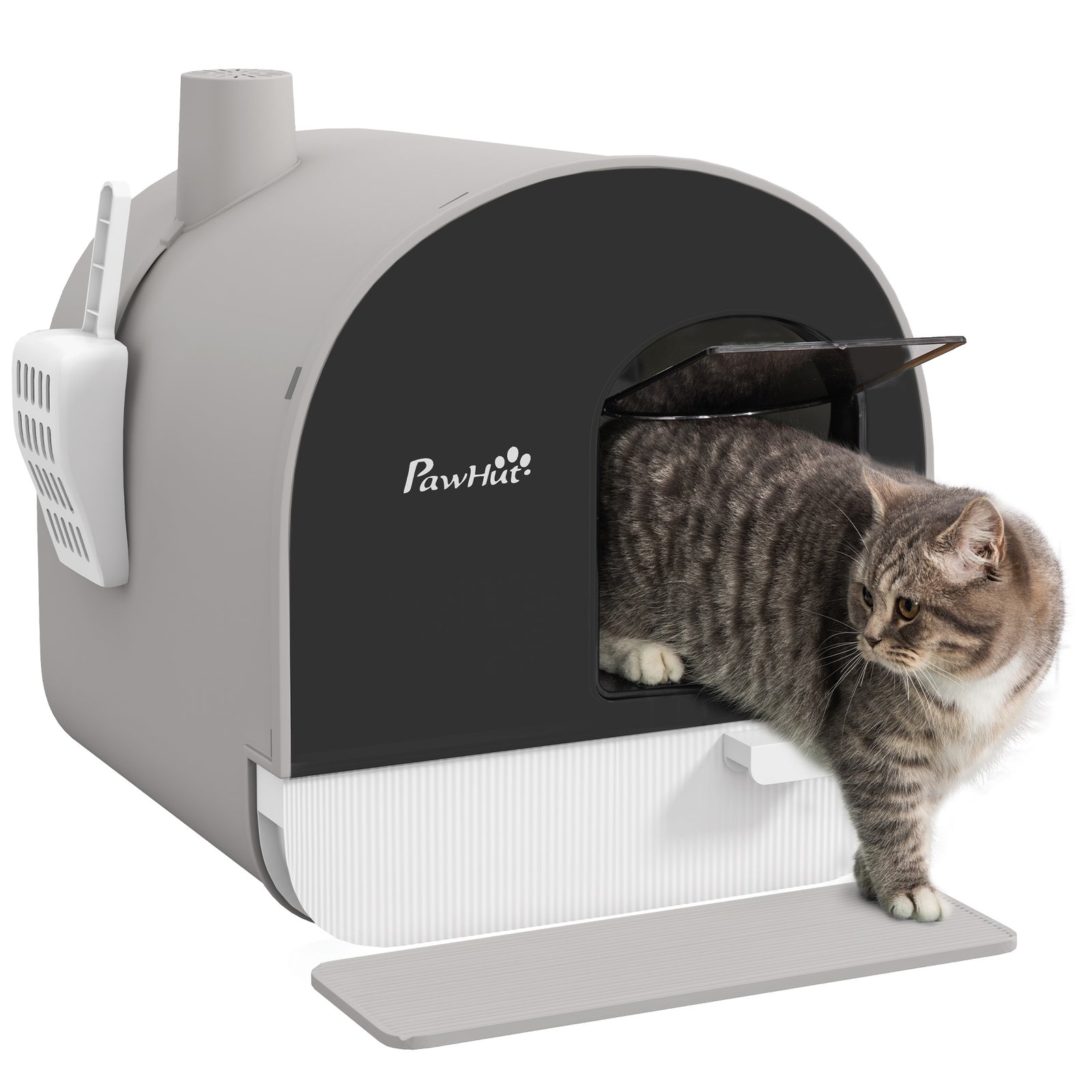 Hooded Cat Litter Box, Kitten Litter Tray, with Lid, Scoop, Filter, Flap Door, Light Grey