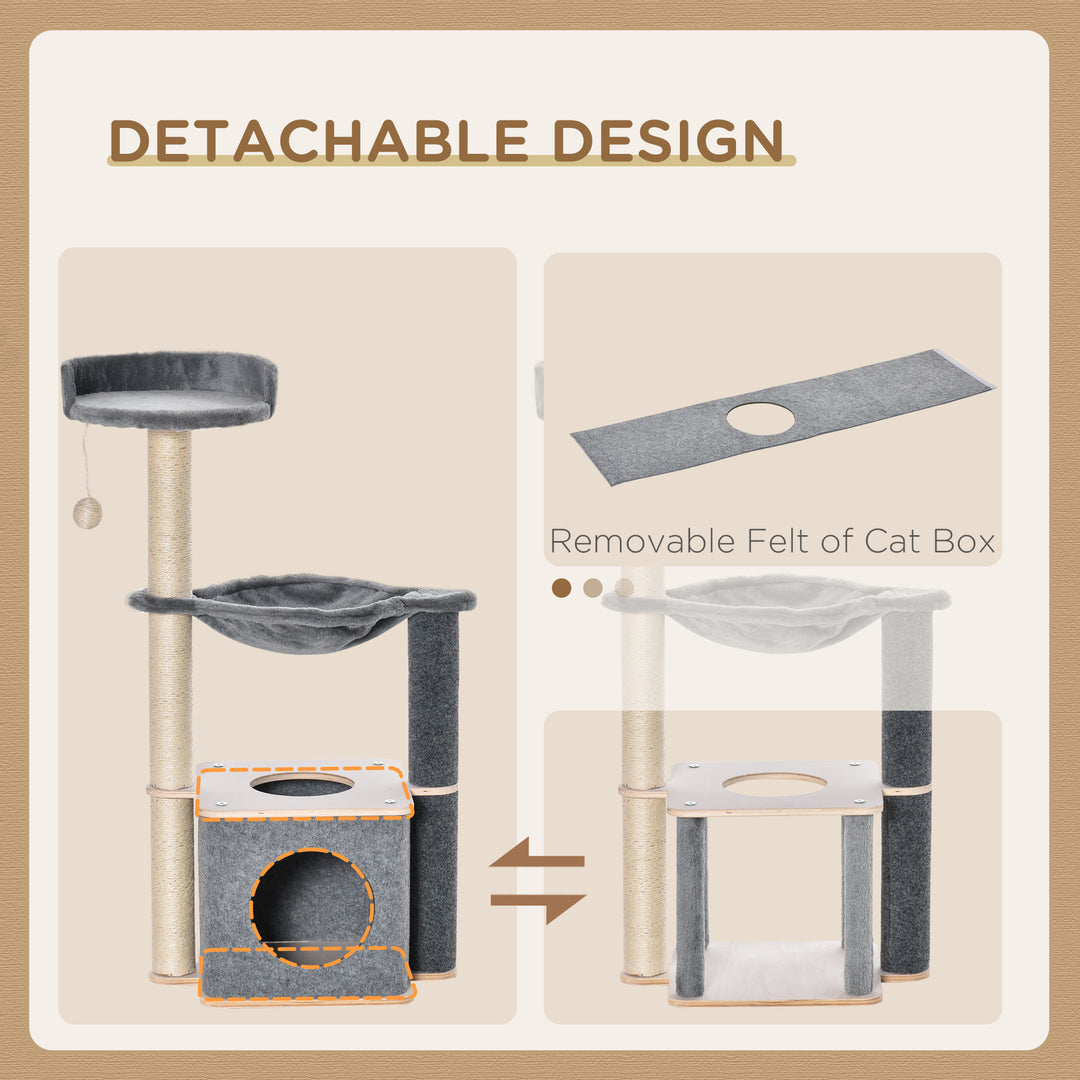 Cat Tree for Indoor Cats 95cm Climbing Tower Kitten Activity Center with Sisal Scratching Post Perch Roomy Condo Hammock Removable Felt Hanging Toy, Grey