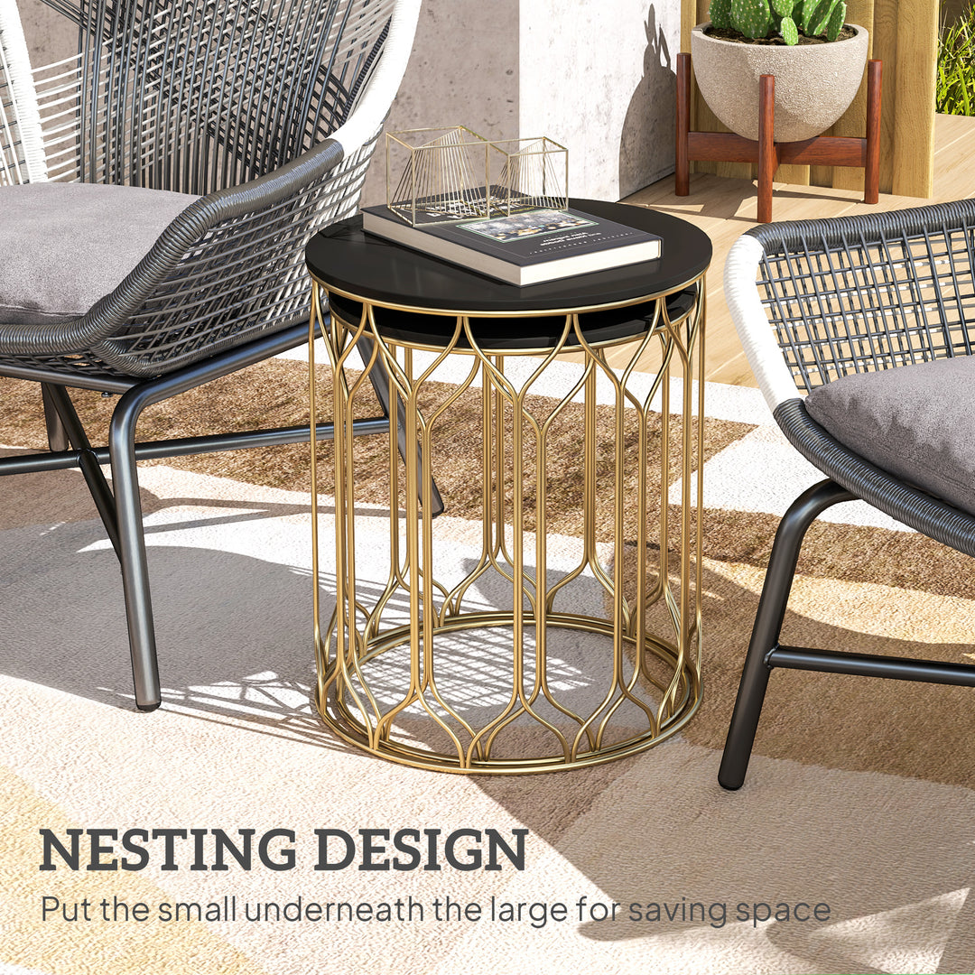 Round Coffee Table Set of 2, Modern Nesting Tables with Ceramic Tile Top, Small End Tables, Indoor Outdoor Side Table with Metal Frame for Living Room, Bedroom, Patio, Balcony, Black