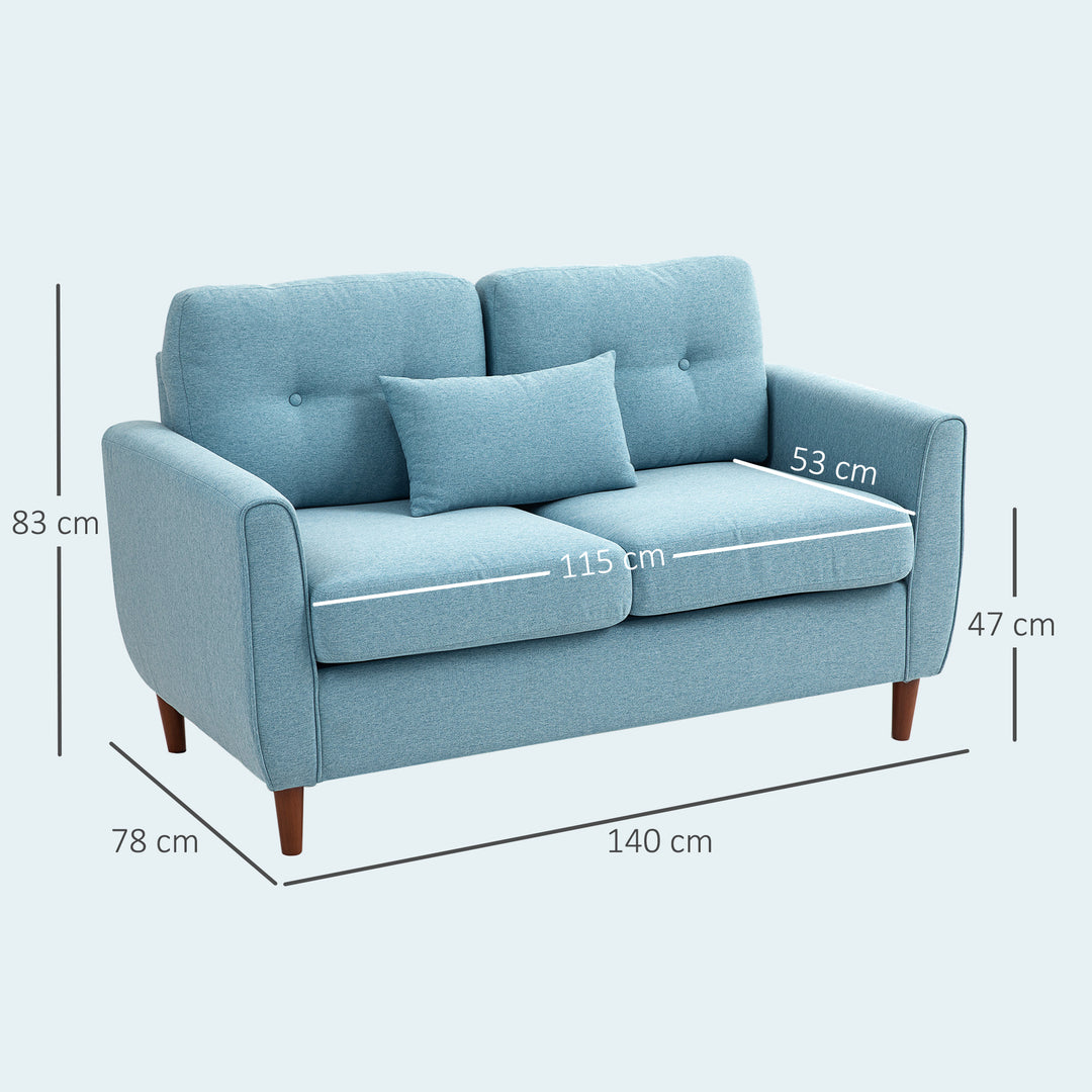 2 Seater Sofa with Spring Cushion, Fabric Sofa with Wooden Legs, Modern Love Seat for Living Room, 140cm Width Tufted Couch for Bedroom, Light Blue