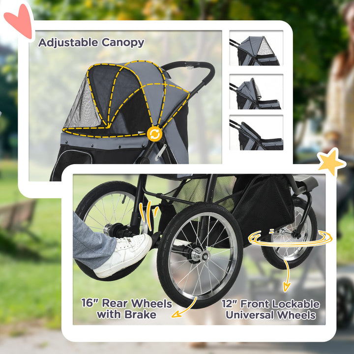 PawHut Pet Stroller Jogger for Medium Small Dogs, Foldable Cat Pram Dog Pushchair with Adjustable Canopy, 3 Big Wheels, Grey | Aosom UK