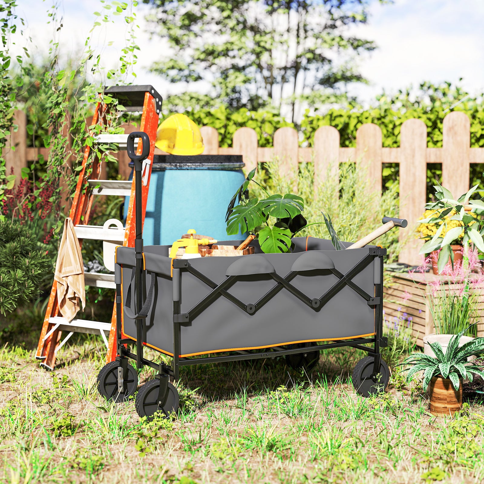 160L Festival Trolley on Wheels, Folding Camping Trolley Cart w/ Tailgate, 100kg Heavy Duty Garden Collapsible Folding Wagon w/Adjustable Handle, Carry Bag for Beach Picnic, Grey and Orange