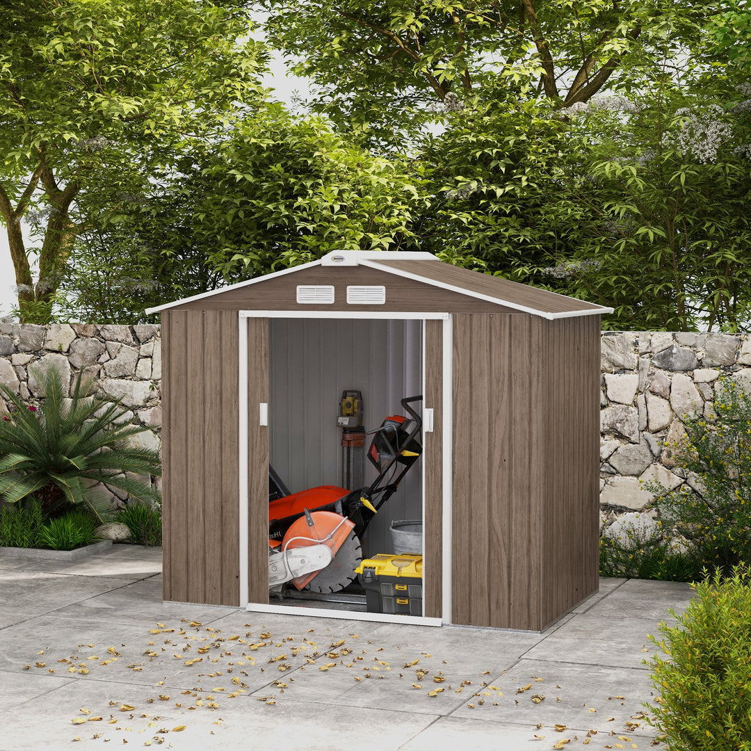 Outsunny 7 x 4ft Metal Garden Storage Shed with Vents, Floor Foundation and Lockable Double Doors, Brown