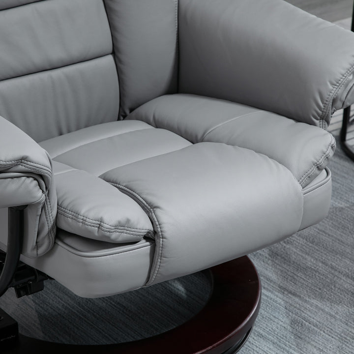 HOMCOM Recliner Chair With footstool, Recliner Armchair up to 130kg Weight Capacity, 135° Reclining Swivel Sofa Chair, PU Leather Ergonomic Couch Bed with Swivel Wood Base for Living Room, Grey