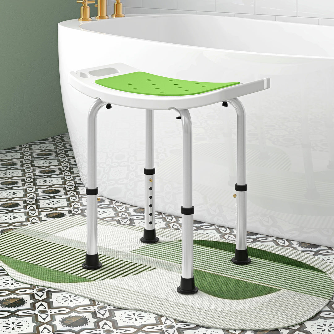 HOMCOM 6-Level Height Adjustable Aluminium Bath Room Stool Chair Shower Non-Slip Design w/ Padded Seat Drainage Holes Foot Pad, Green | Aosom UK