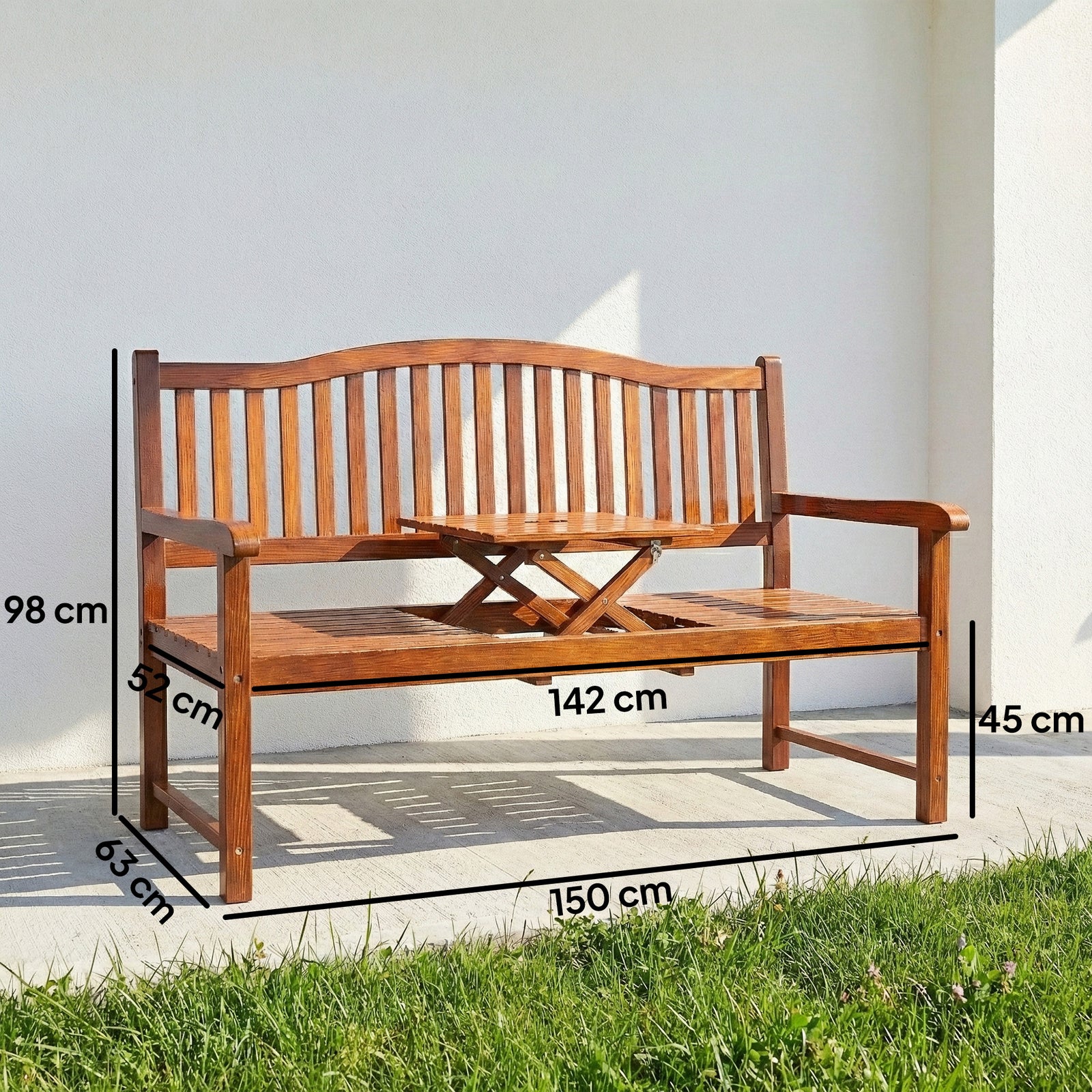 Garden Loveseat Bench, 2-3 Seater Outdoor Bench with Liftable Table an